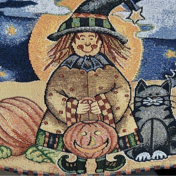 Vintage Halloween Scarecrow Cat Tapestry Placemat Set Pumpkins Cats Bats Stars - Picture 1 of 6